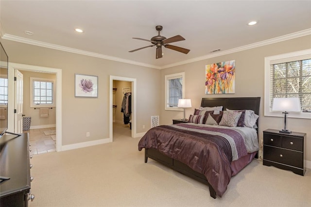 115 Falls Ct W, Highlands, NC 28741 - bedroom with ornamental molding, a walk in closet, light colored carpet, connected bathroom, and recessed lighting