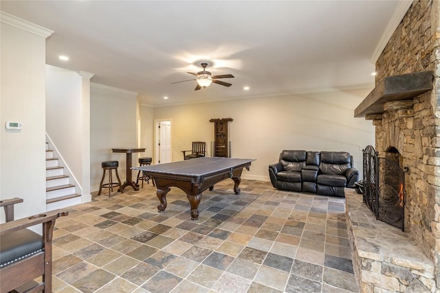115 Falls Ct W, Highlands, NC 28741 - rec room featuring ornamental molding, a ceiling fan, billiards table, recessed lighting, and a fireplace