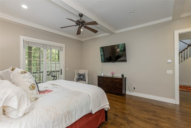 115 Falls Ct W, Highlands, NC 28741 - bedroom with beamed ceiling, dark wood-style flooring, crown molding, access to outside, and a ceiling fan