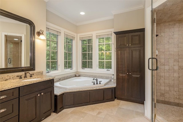 115 Falls Ct W, Highlands, NC 28741 - bathroom with a stall shower, healthy amount of natural light, vanity, a bath, and ornamental molding