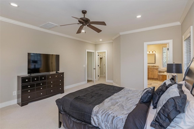 115 Falls Ct W, Highlands, NC 28741 - bedroom featuring ornamental molding, recessed lighting, light carpet, ceiling fan, and ensuite bath