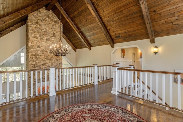 115 Falls Ct W, Highlands, NC 28741 - corridor featuring an upstairs landing, wood finished floors, a wood ceiling with exposed beams, high vaulted ceiling, and a chandelier
