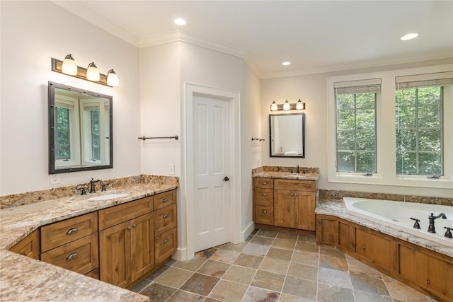 115 Falls Ct W, Highlands, NC 28741 - bathroom with ornamental molding, two vanities, a garden tub, stone finish floors, and recessed lighting