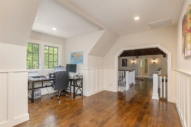 115 Falls Ct W, Highlands, NC 28741 - office area featuring wood finished floors, wainscoting, recessed lighting, and a decorative wall