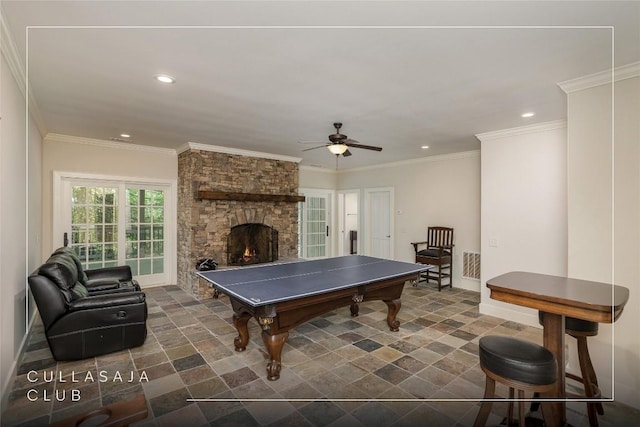 115 Falls Ct W, Highlands, NC 28741 - recreation room with recessed lighting, a ceiling fan, a stone fireplace, and crown molding