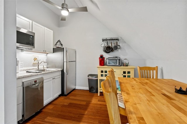 kitchen featuring vaulted ceiling, appliances with stainless steel finishes, sink, white cabinets, and dark hardwood / wood-style flooring