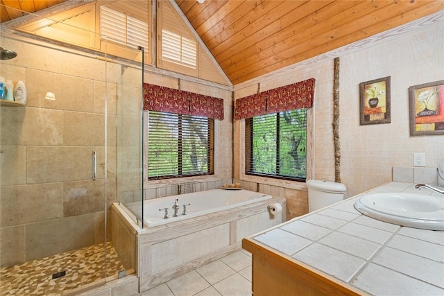 bathroom featuring independent shower and bath, lofted ceiling, vanity, wood ceiling, and tile patterned floors