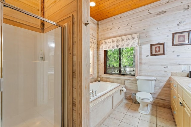 full bathroom featuring wood ceiling, tile patterned flooring, vanity, shower with separate bathtub, and toilet