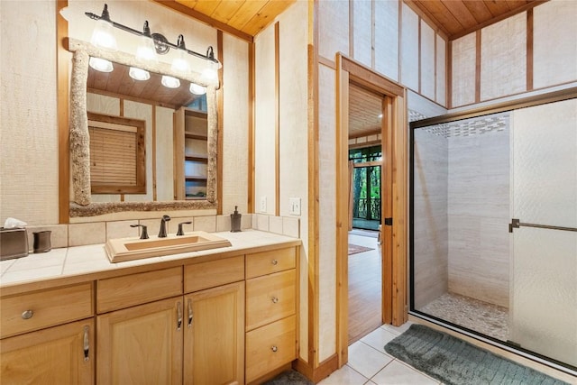 bathroom with walk in shower, tile patterned flooring, and wooden ceiling