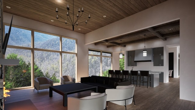 living area with recessed lighting, dark wood-style floors, beamed ceiling, and wooden ceiling