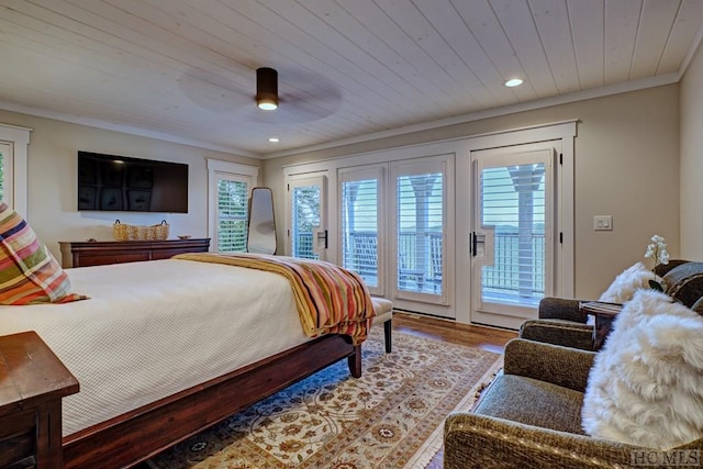 bedroom featuring ceiling fan, access to exterior, wooden ceiling, and hardwood / wood-style floors