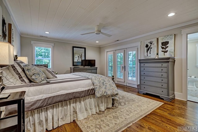 bedroom featuring access to outside, ceiling fan, ensuite bathroom, and hardwood / wood-style flooring