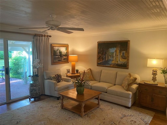 711 Horse Cove Rd Unit C-4, Highlands, NC 28741 - living room featuring wood finished floors, ceiling fan, and crown molding