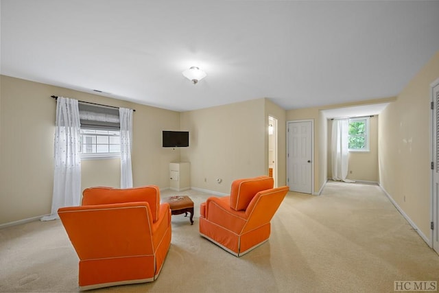 living room featuring light colored carpet