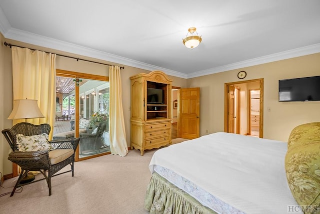 carpeted bedroom with ornamental molding and access to exterior