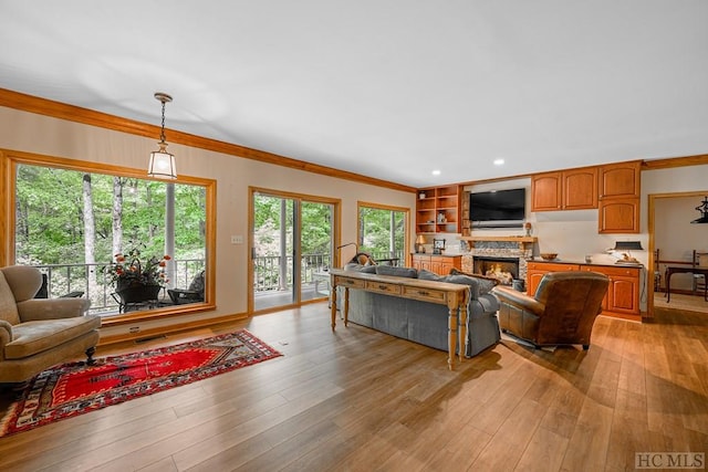 living room featuring ornamental molding, a stone fireplace, and light hardwood / wood-style flooring