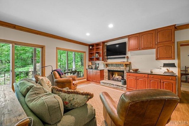 living room featuring crown molding, a stone fireplace, and light hardwood / wood-style flooring