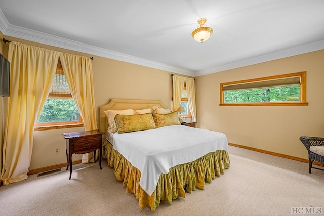 carpeted bedroom with crown molding and multiple windows