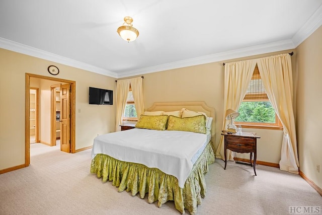 carpeted bedroom featuring ornamental molding and multiple windows