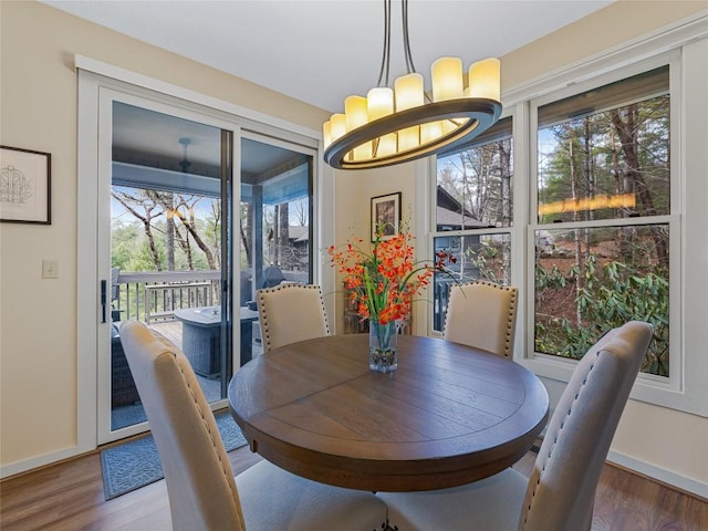 dining room with a wealth of natural light, a notable chandelier, and wood finished floors