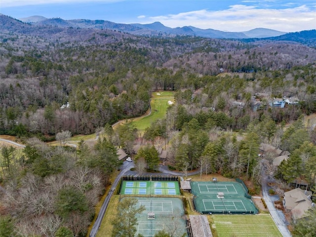 aerial view with a mountain view and a forest view