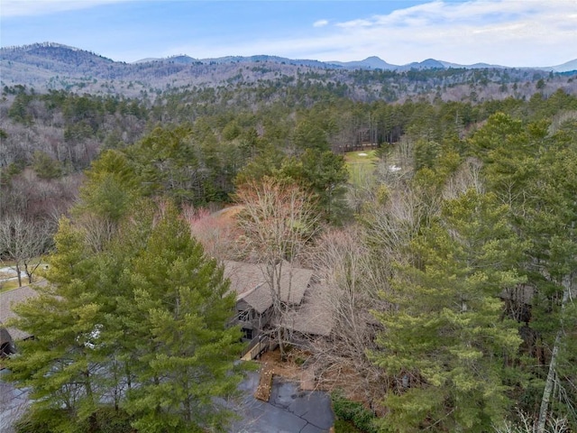 drone / aerial view featuring a mountain view and a view of trees