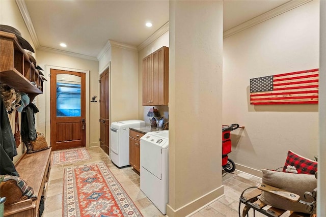 159 Highlands Pt, Highlands, NC 28741 - laundry room featuring cabinet space, washer / clothes dryer, ornamental molding, baseboards, and recessed lighting