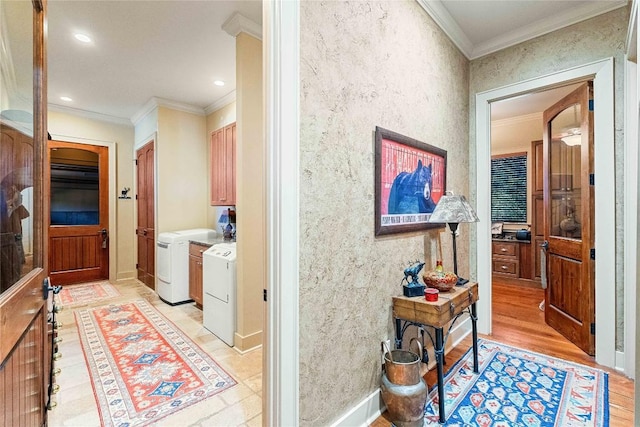 159 Highlands Pt, Highlands, NC 28741 - corridor featuring independent washer and dryer, crown molding, light wood-style floors, recessed lighting, and baseboards