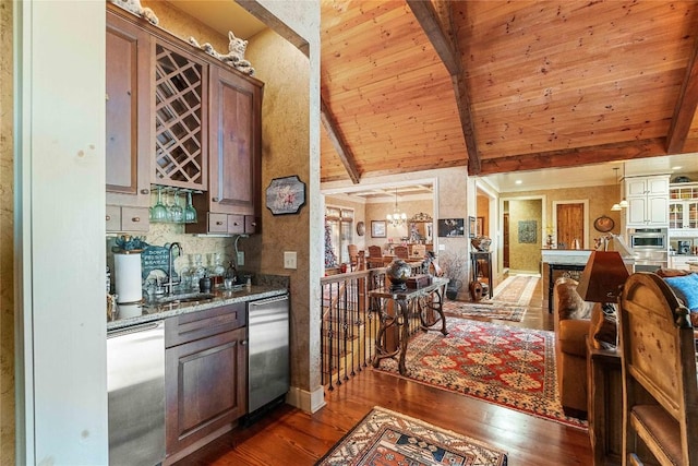 159 Highlands Pt, Highlands, NC 28741 - indoor wet bar featuring appliances with stainless steel finishes, dark wood-style flooring, wood ceiling, and tasteful backsplash