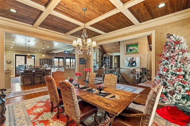 159 Highlands Pt, Highlands, NC 28741 - dining room featuring wood-type flooring, coffered ceiling, wood ceiling with exposed beams, a chandelier, and ornamental molding