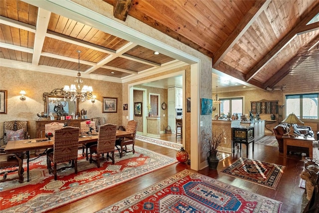 159 Highlands Pt, Highlands, NC 28741 - dining area with hardwood / wood-style flooring, wooden ceiling with exposed beams, and a chandelier