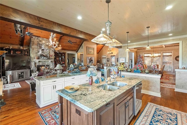 159 Highlands Pt, Highlands, NC 28741 - kitchen featuring a sink, an island with sink, open floor plan, hardwood / wood-style flooring, and wood ceiling