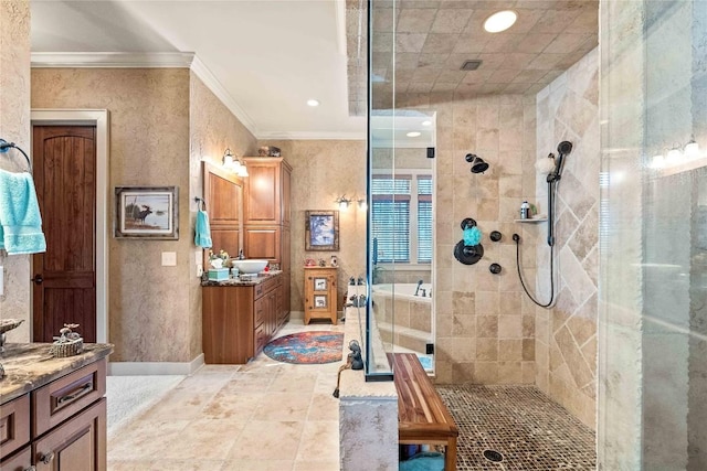 159 Highlands Pt, Highlands, NC 28741 - bathroom featuring crown molding, a tile shower, two vanities, a bath, and recessed lighting