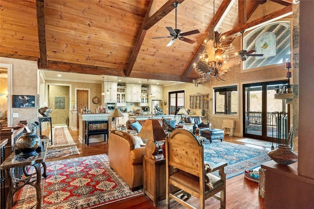 159 Highlands Pt, Highlands, NC 28741 - living room with wooden ceiling with exposed beams, high vaulted ceiling, wood finished floors, and ceiling fan