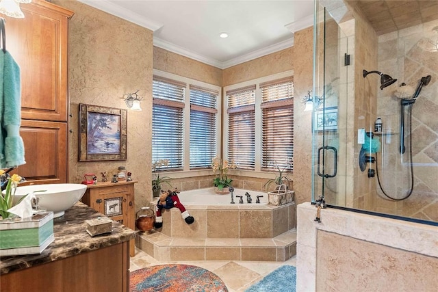 159 Highlands Pt, Highlands, NC 28741 - full bath featuring a shower stall, a garden tub, crown molding, and vanity