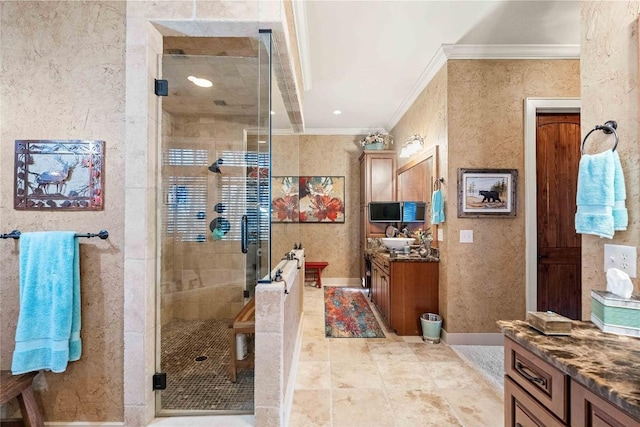 159 Highlands Pt, Highlands, NC 28741 - bathroom featuring ornamental molding, a shower stall, vanity, and baseboards