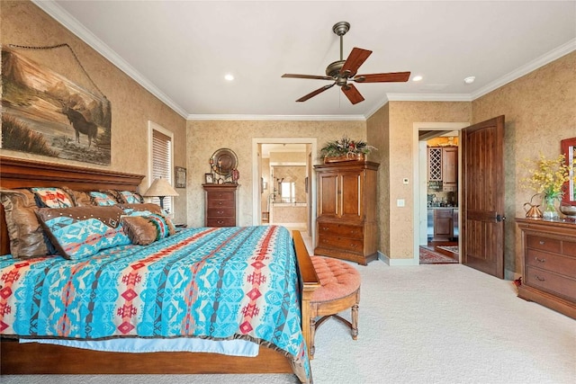 159 Highlands Pt, Highlands, NC 28741 - carpeted bedroom featuring ensuite bathroom, ornamental molding, recessed lighting, and ceiling fan