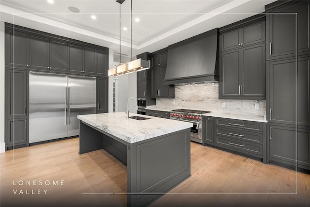 kitchen with light wood-style floors, premium range hood, a sink, and high quality appliances