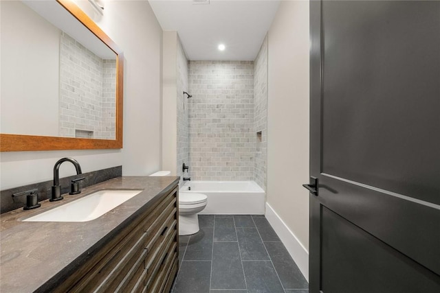 full bathroom featuring tile patterned flooring, toilet, shower / bath combination, vanity, and baseboards