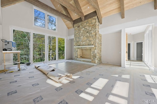 unfurnished living room featuring high vaulted ceiling, wood ceiling, and beamed ceiling