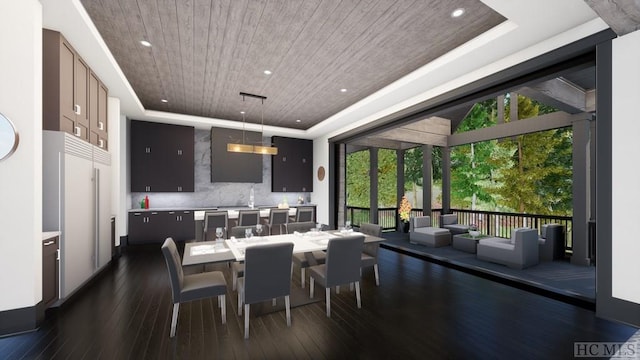 dining room featuring dark hardwood / wood-style floors, a raised ceiling, and wood ceiling