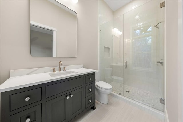 bathroom featuring vanity, tile patterned flooring, a shower stall, and toilet