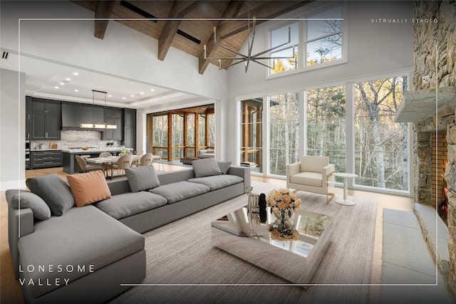 living room featuring high vaulted ceiling, beamed ceiling, wooden ceiling, and recessed lighting