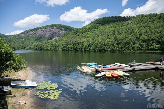 view of dock featuring a water and mountain view