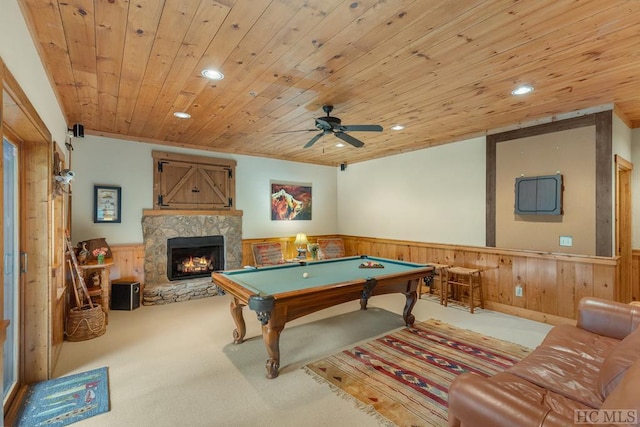 recreation room featuring carpet floors, wooden walls, wood ceiling, and billiards