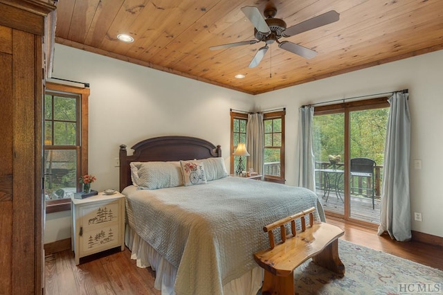 bedroom with access to exterior, wood ceiling, ceiling fan, and hardwood / wood-style flooring