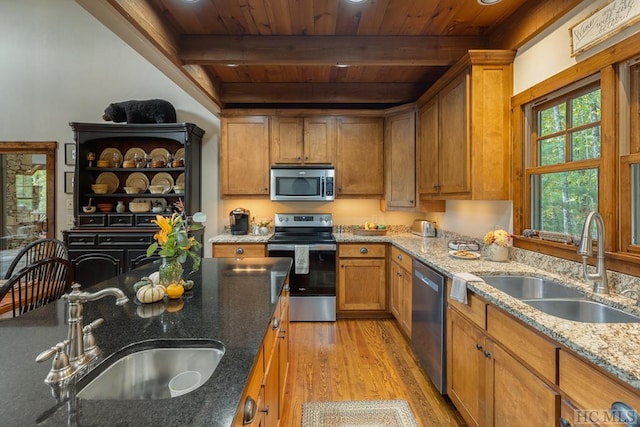 kitchen with wood ceiling, appliances with stainless steel finishes, beam ceiling, and sink