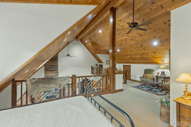 carpeted bedroom with lofted ceiling with beams and wood ceiling