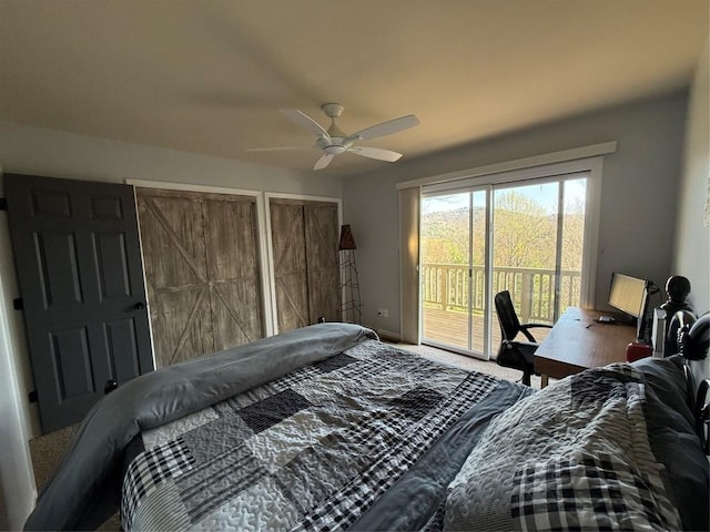 258 Club Colony Ln, Lake Toxaway, NC 28747 - bedroom with access to outside, carpet floors, multiple closets, and ceiling fan