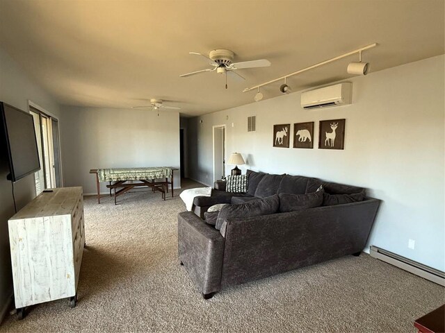 258 Club Colony Ln, Lake Toxaway, NC 28747 - living area featuring an AC wall unit, carpet, ceiling fan, a baseboard radiator, and rail lighting